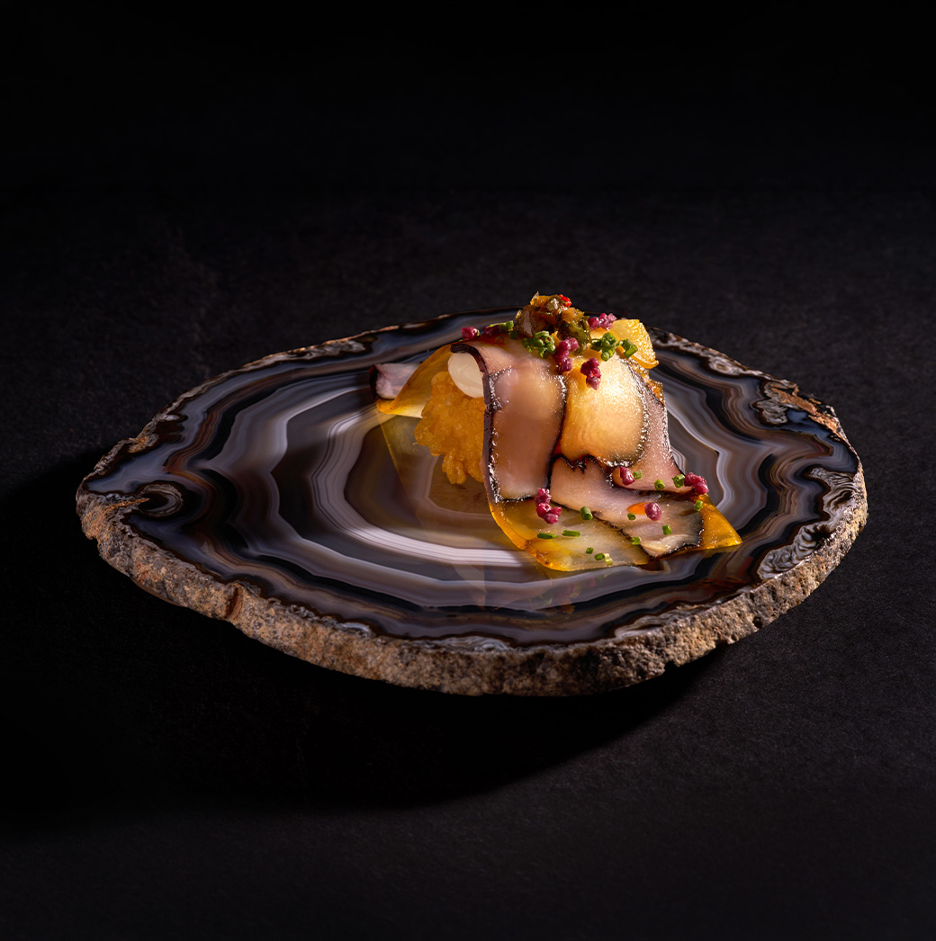 Entrada de alta cocina servida sobre una piedra